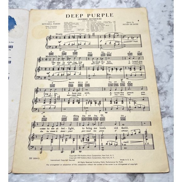 Deep Purple Vintage Piano Sheet Music 1939 Mitchell Parish Peter De Rose - Picture 2 of 6